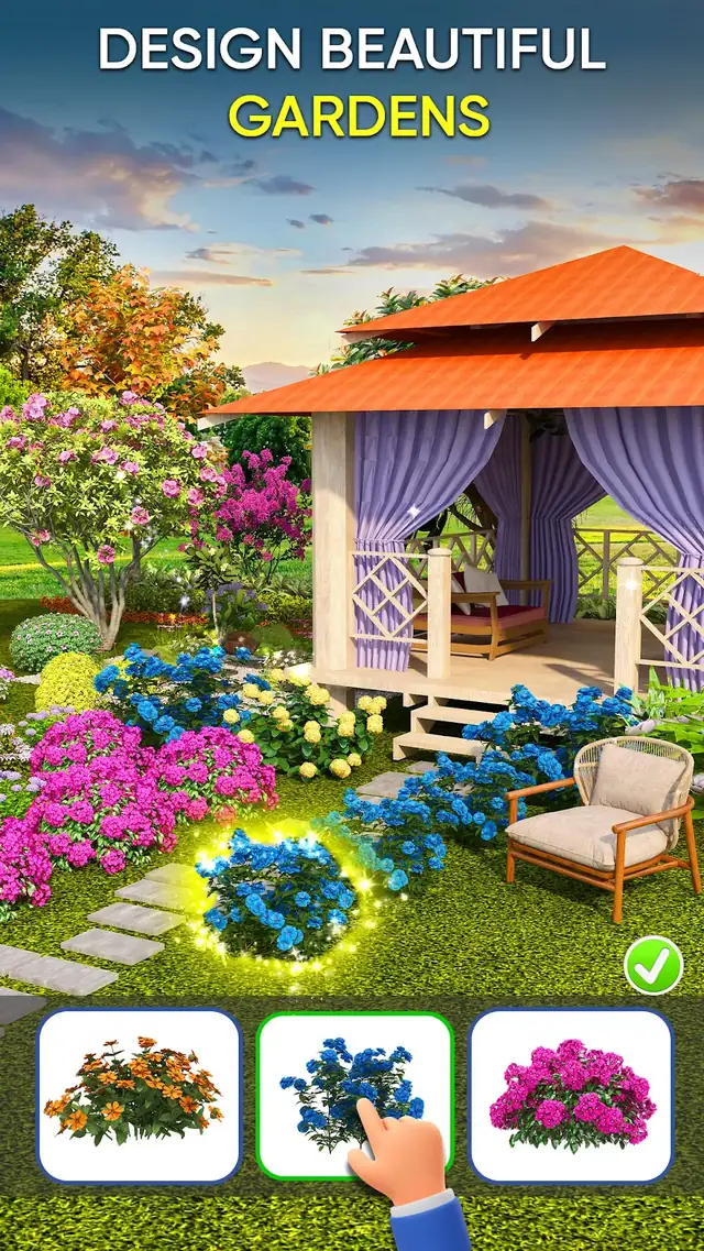 Garden and Home Design Game screenshot of a landscaped garden with a pergola