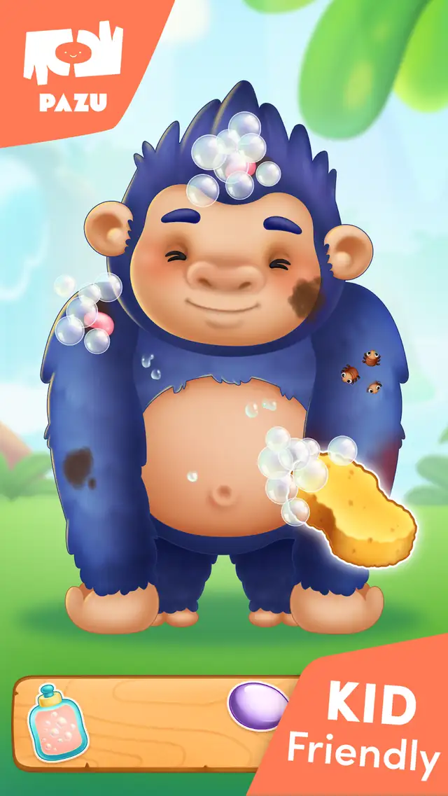 Jungle Animal Kids Care Games screenshot of a cartoon gorilla being washed