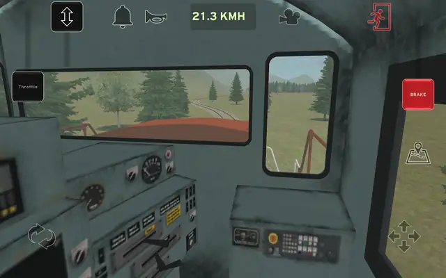 Train and rail yard simulator cab view with instrument panel