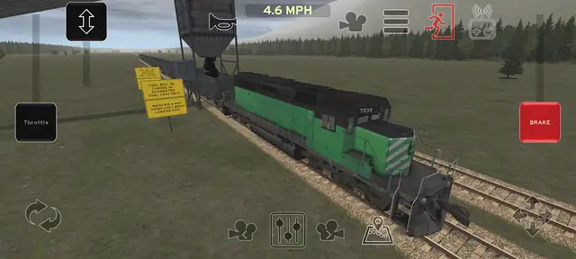 Train and rail yard simulator screenshot with a freight locomotive on open track